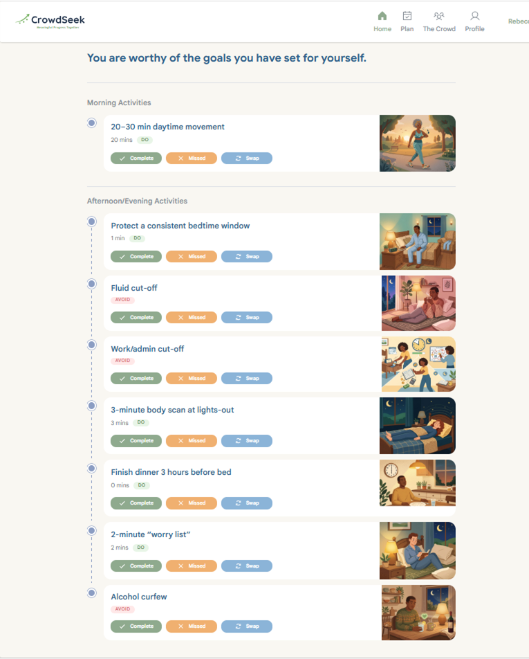Crowdseek app showing a sleep plan with small daily actions